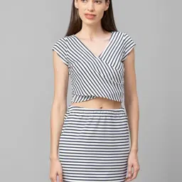 Globus White & Navy Striped Crop Top Skirt Co-Ord Set-picture-5
