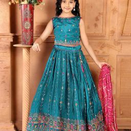Odette Teal Silk Blend Regular Embroidered Lehanga Choli-image-30