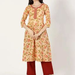 Saffron Threads Peach Cotton Printed A-Line Kurta-image-76