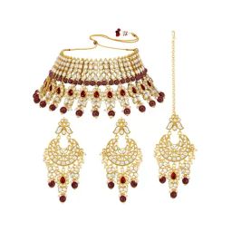 Peora Gold-Plated Maroon Kundan Choker Necklace Earrings Maang Tikka Jewellery Set-image-17