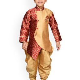 Aj DEZInES Boys Maroon & Gold-Toned Woven Design Sherwani Set-30