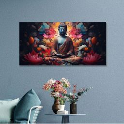 Nestroots Canvas Buddha Enveloped In Flames And Smoke Wall Painting - Gold Floating Frame image 1