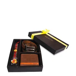 SASSORA Brown Textured Bi-Fold Wallet, Belt & Rakhi Combo Set image 1