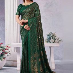 Satrani Green Floral Print Saree With Unstitched Blouse-image-78