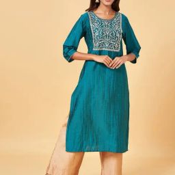 Rangmanch by Pantaloons Teal Green Embroidered Straight Kurta-18
