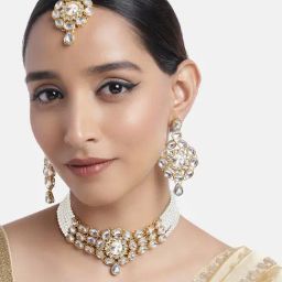 Peora Gold-Plated Kundan White Pearl Choker Necklace Earrings Maang Tikka Jewellery Set-image-93
