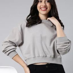 SHOWOFF Grey Self Design Crop Sweatshirt-83