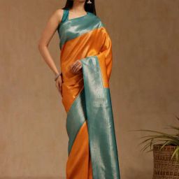 Soch Mustard Silk Blend Zari Saree With Stitched Blouse-image-94