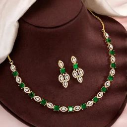 Peora Green Gold Plated Necklace Drop Earring Set for Women-image-24