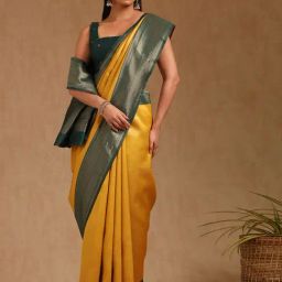 Soch Yellow Silk Blend Zari Saree With Stitched Blouse-image-76