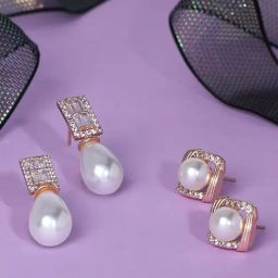 Zaveri Pearls Set of 2 Rose Gold Contemporary Cubic Zirconia Brass Stud Earrings-ZPFK11120-99