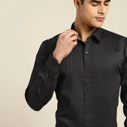 Hancock Men Tuxedo Pin Tucked Satin Pure Cotton Slim Fit Formal Shirt-image-82