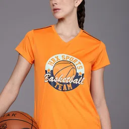 HRX by Hrithik Roshan Brand Logo Printed V-Neck Rapid-Dry Antimicrobial Basketball T-shirt-image-77
