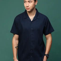 Showoff Navy Blue Cotton Relaxed Fit Self Pattern Shirt-image-71
