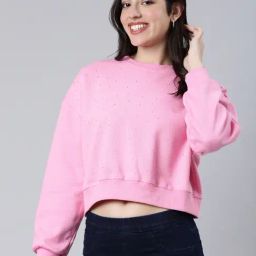 SHOWOFF Pink Self Design Crop Sweatshirt-2
