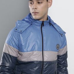 The Indian Garage Co Men Blue & Grey Colourblocked Padded Jacket-27