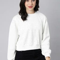SHOWOFF White Self Design Crop Sweatshirt-81