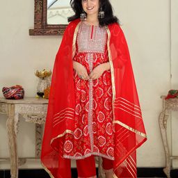ELVISH JAIPUR Floral Embroidered Sequinned Anarkali Kurta With Palazzos & Dupatta image 1