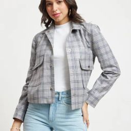 Fablestreet Grey Wool Checks Cropped Jacket-14