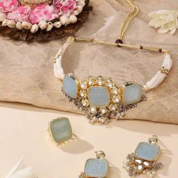 Zaveri Pearls Grey Stones & Beads Multistrand Pearls Choker Necklace Earring & Ring Set-ZPFK14820-30