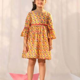 VASTRAMAY Girls Yellow Cotton Floral Dresses-image-92