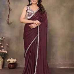 Odette Maroon Georgette Solid Saree With Unstitched Blouse-picture-19