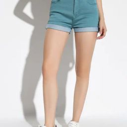 SHOWOFF Teal Denim Slim Fit Shorts-image-46