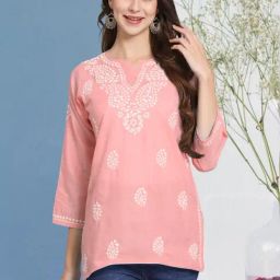 PARAMOUNT CHIKAN Peach Cotton Hand Embroidered Chikankari Straight Kurti-image-64