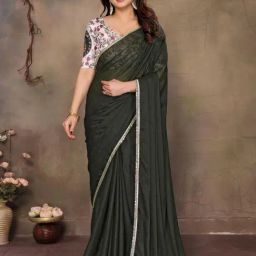 Odette Dark Green Georgette Solid Saree With Unstitched Blouse-picture-18