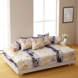 SWAYAM Set Of 6 Yellow & Brown Printed 144 TC Bedsheet With Bolster & Cushion Covers-image-57