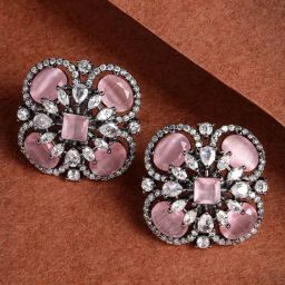 Karatcart Floral Design Pink Cubic Zirconia Studded Black Silver-Plated Stud Earrings for Women-9