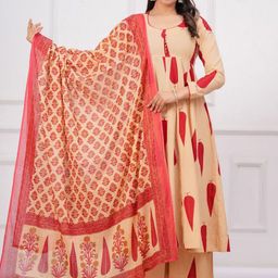 KALINI Women Ethnic Motifs Leaf Print Anarkali Pure Cotton Kurta with Trousers & Dupatta-picture-14