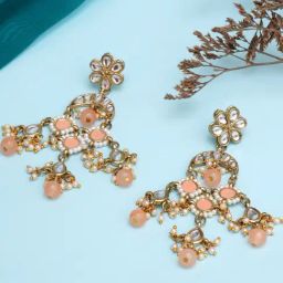 Karatcart Gold-Plated Peach Meena Kundan Dangler Earrings-16