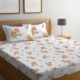 Klotthe Floral White & Brown 300 TC Cotton Blend King Bed Sheet with 2 Pillow Covers-picture-3