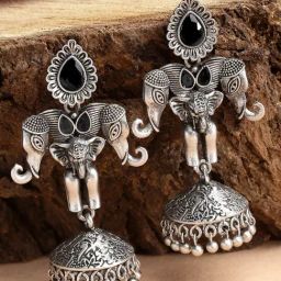 Karatcart Elephant Design Oxidised Silver Black Stone Flat Jhumki Earrings for Women-5