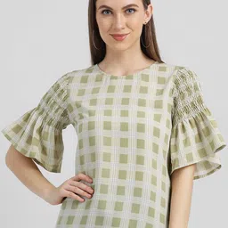 Zink London Women Green & Grey Checked Regular Top-image-49