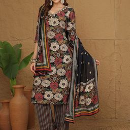 Anouk Floral Printed Thread Work Kurta With Trousers & Dupatta image 3