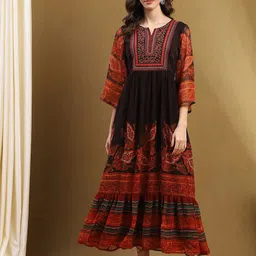 Biba Women Printed Mandarin Collar Regular Sleeves Fit and Flare Maxi Dress-image-56