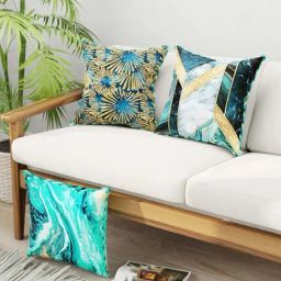 Bianca Suzane Teal & Gold Micro Fiber Reversible Printed Cushion Covers - Set of 3-58