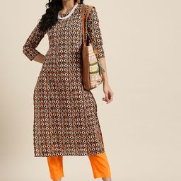 Sangria Women Black & Orange Printed Regular Pure Cotton Kurta with Trousers-picture-26
