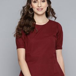 HERE&NOW Maroon Striped Puff Sleeves Pure Cotton Top-picture-24