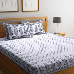 Rajasthan Decor White & Blue Floral Flat 180 TC Cotton 1 King Bedsheet with 2 Pillow Covers-image-21