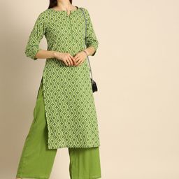 Anouk Women Green & White Ethnic Motifs Printed Pure Cotton Kurta with Palazzos-57