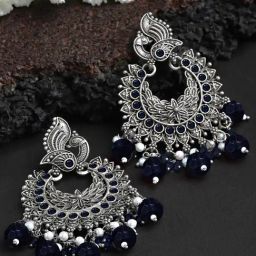 Karatcart Oxidised Silver Peacock Design Blue Beads and Kundan Dangler Earrings for Women-picture-35