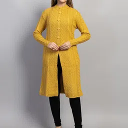 Dart Line Women Cable Knit Self Design Round Neck Longline Cardigan Sweater-picture-13