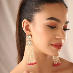 Priyaasi Gold Plated Kundan Stone Studded & Beaded Contemporary Tasselled Drop Earrings-0