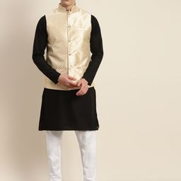 SOJANYA Men Black & Beige Pure Cotton Kurta with Churidar & Nehru Jacket-picture-31