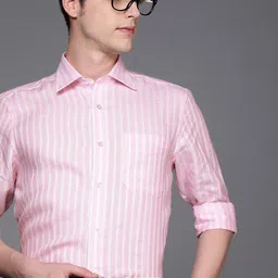 Louis Philippe Men Pink & White Classic Fit Striped Formal Linen Shirt-picture-26
