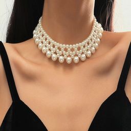 AQUASTREET Silver-Plated Layered Faux Pearl Statement Choker Necklace-17