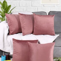 STITCHNEST Peach-Coloured 5 Pieces Velvet Square Cushion Covers-image-1